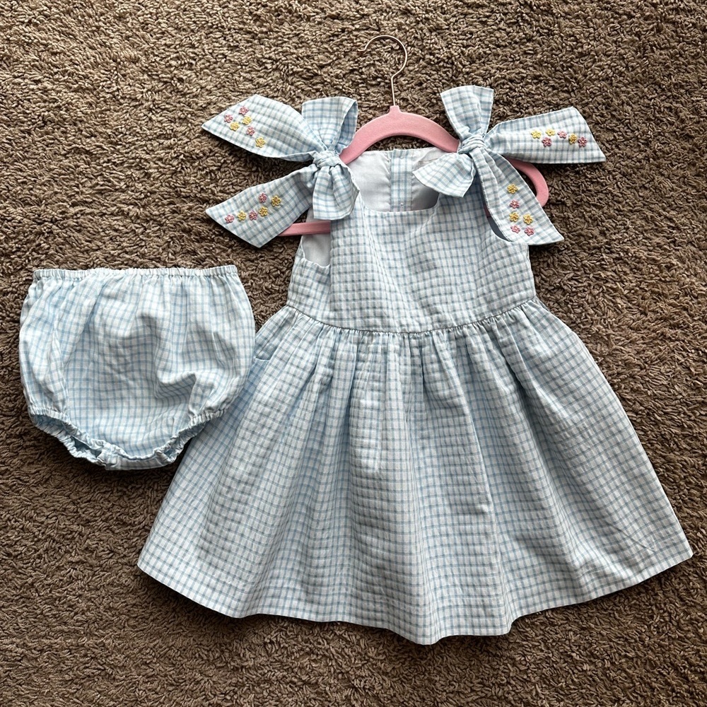 Sophie & Lucas Blue Checkered Dress with Floral Embroidery